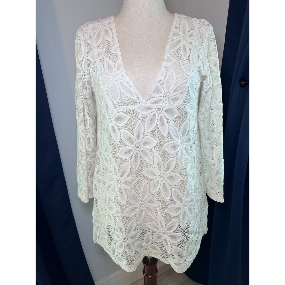 J.VALDI (L) Floral Swimsuit Cover Up-Ivory-Travel-Cruise-Beach-Pool-Summer-Sheer